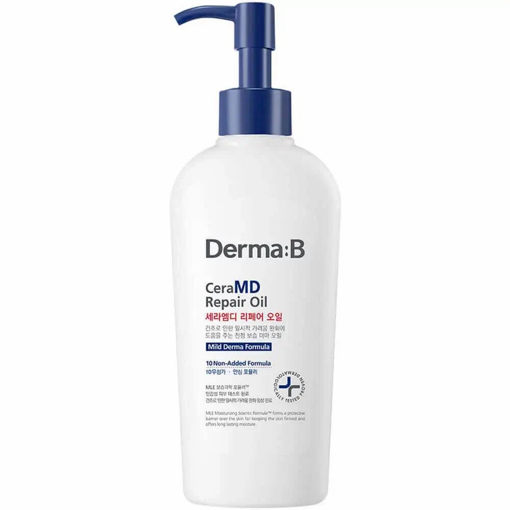 Witte fles met blauwe pomp. Opschrift: Derma:B CeraMD Repair Oil. Tekst in het Koreaans.