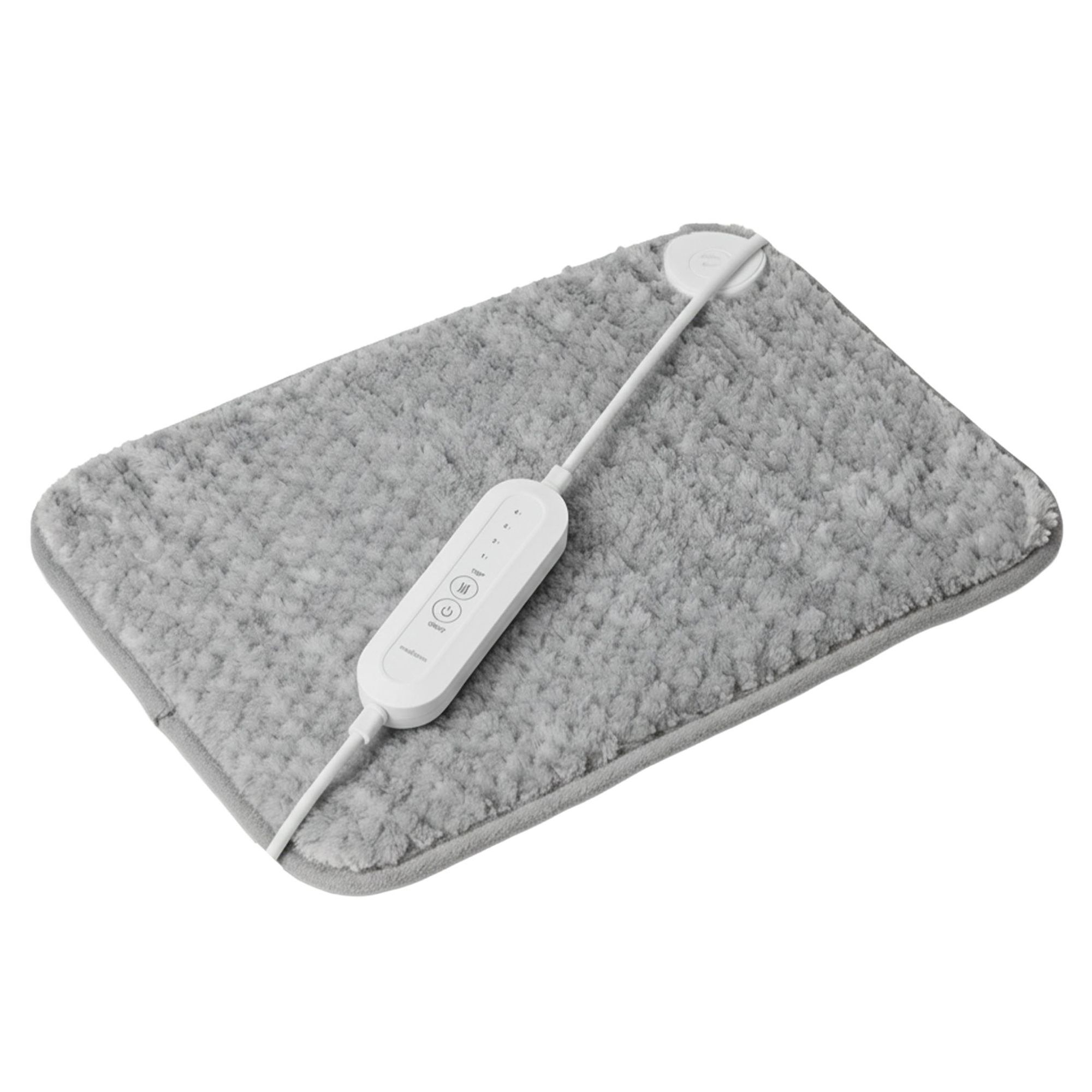 Coussin chauffant gris clair avec panneau de commande blanc. Câblé. Sur fond blanc.