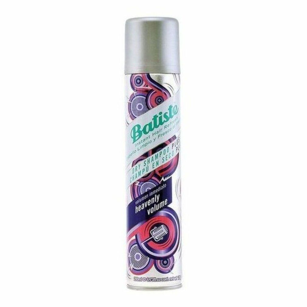 Bombe de shampooing sec. Design avec cercles violets et texte : "Batiste", "Heavenly Volume". Bouchon argenté.