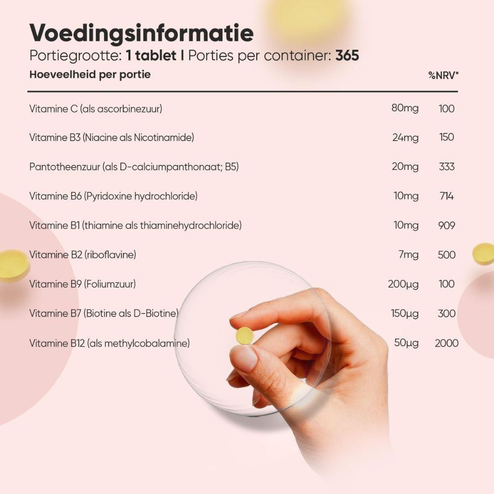 Voedingsinformatie voor Vitamine B Complex. Eén tablet. Bevat vitamine C, B3, B5, B6, B1, B2, B9, B7, B12.