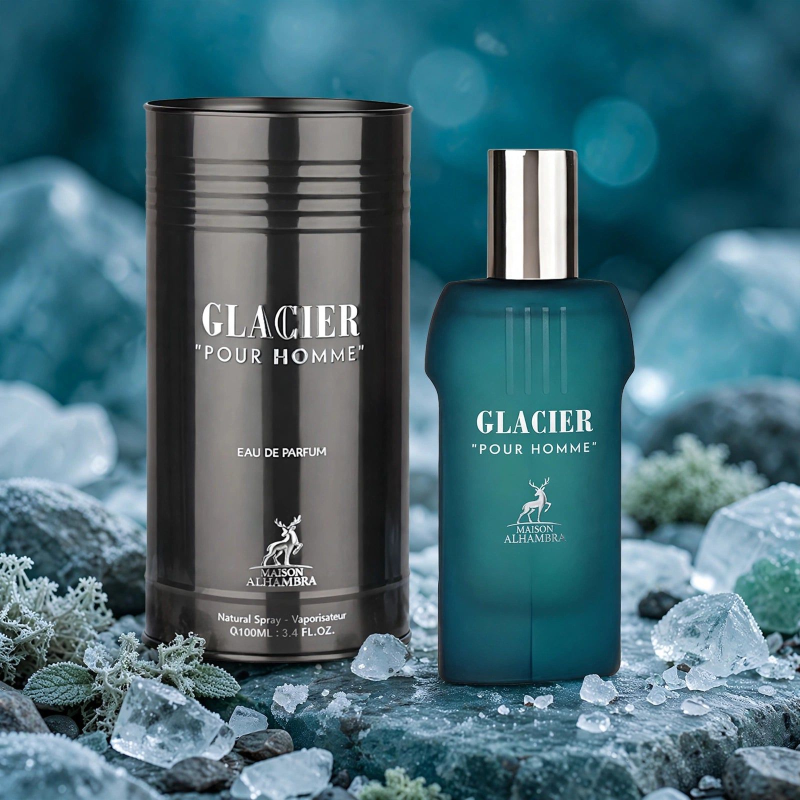 Flacon d'eau de parfum turquoise avec bouchon argenté et boîte assortie.