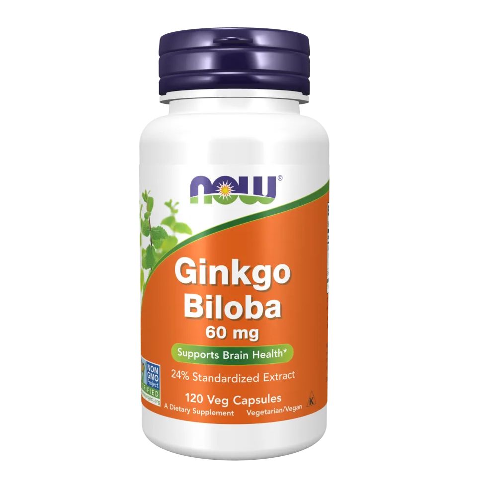Flacon blanc avec bouchon bleu. Inscription : Ginkgo Biloba 60 mg, 120 gélules végétales. Marque : NOW.