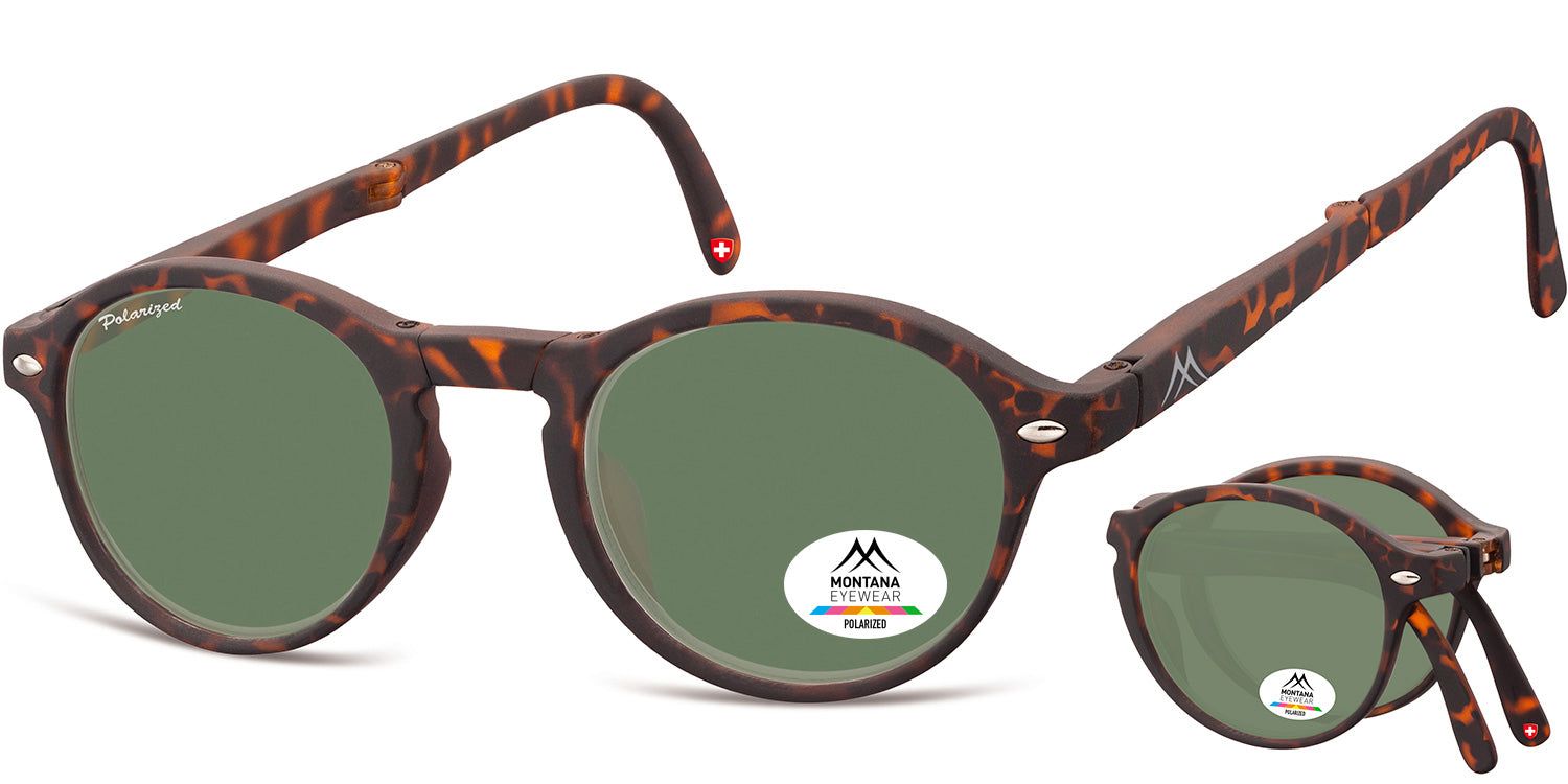 Lunettes de soleil rondes, marron, partiellement pliées. Verres verts. Logo et autocollant Polarized. Croix suisse sur la branche.