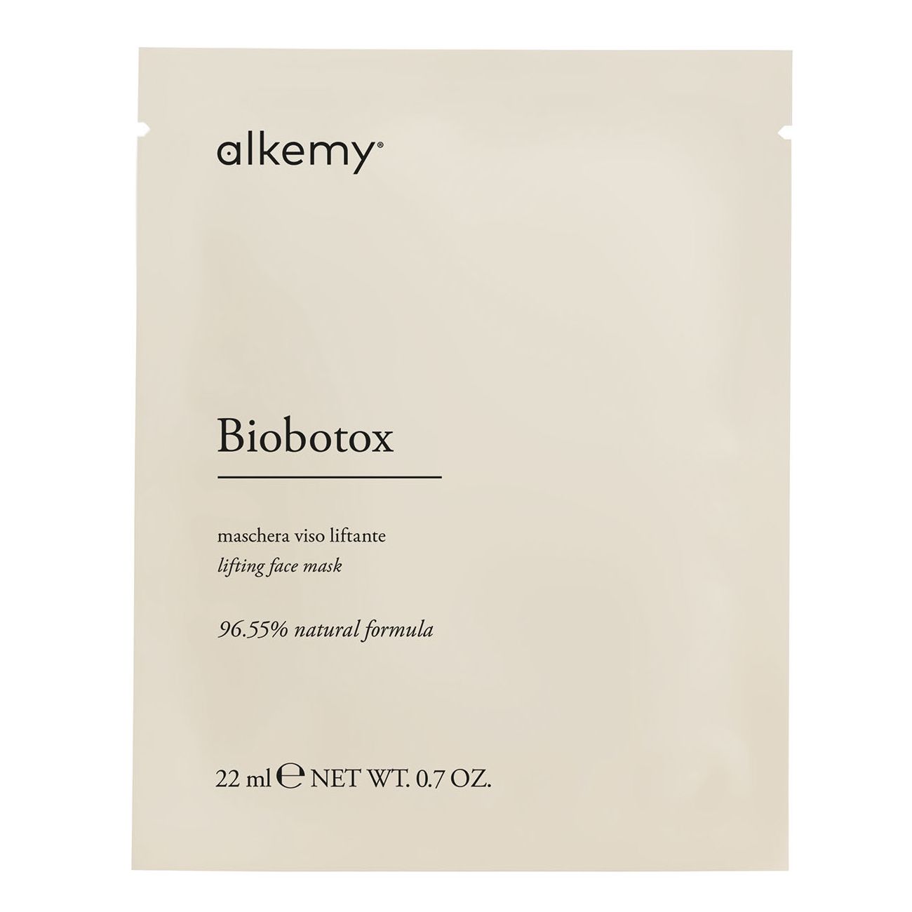 Voorkant van een Alkemy Biobotox gezichtsmaskerverpakking.