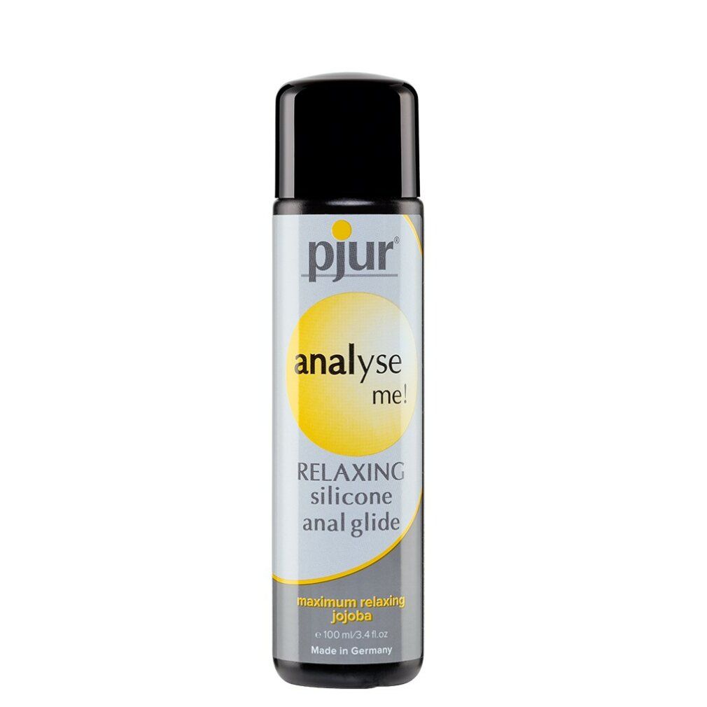 Cilindrische fles met zwarte dop. Geel logo en tekst "pjur analyse me!". Productnaam.