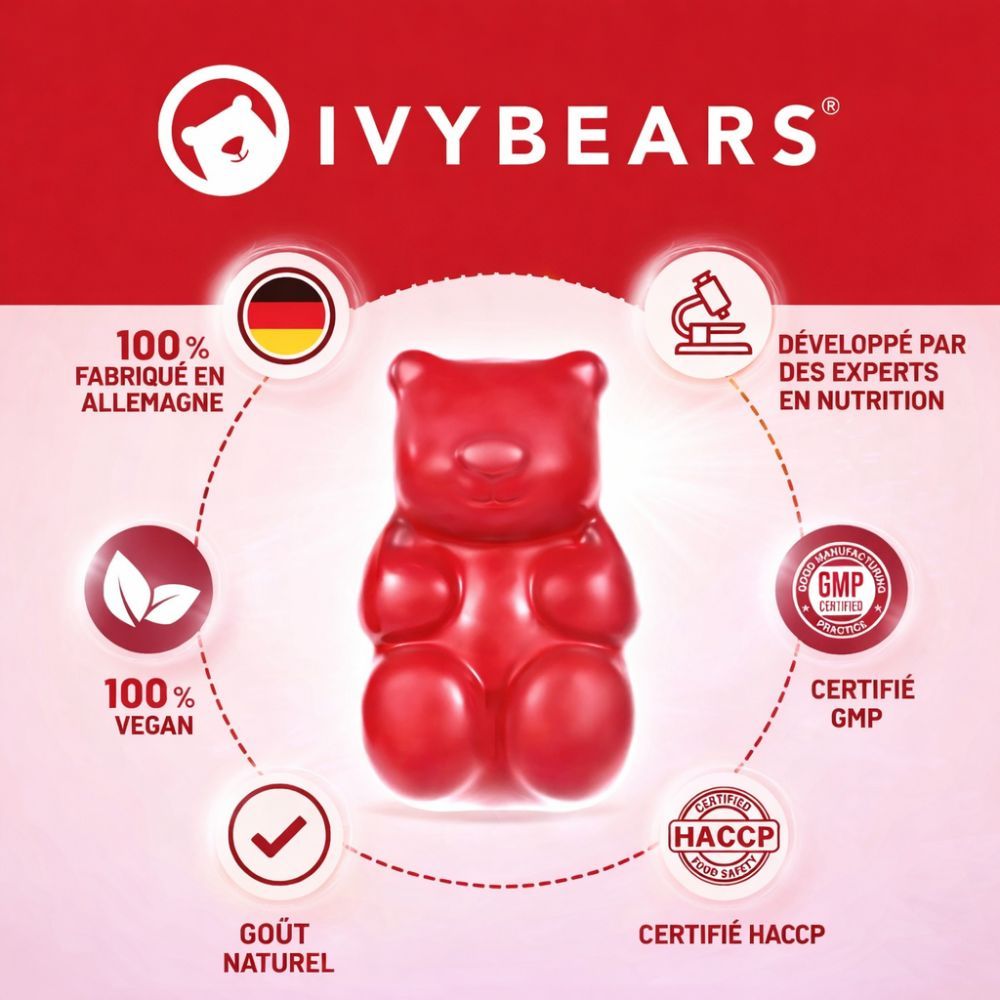 Ours en gélatine rouge sur fond rouge. Disposition circulaire avec logos et textes: 100% vegan, certifié GMP, certifié HACCP.