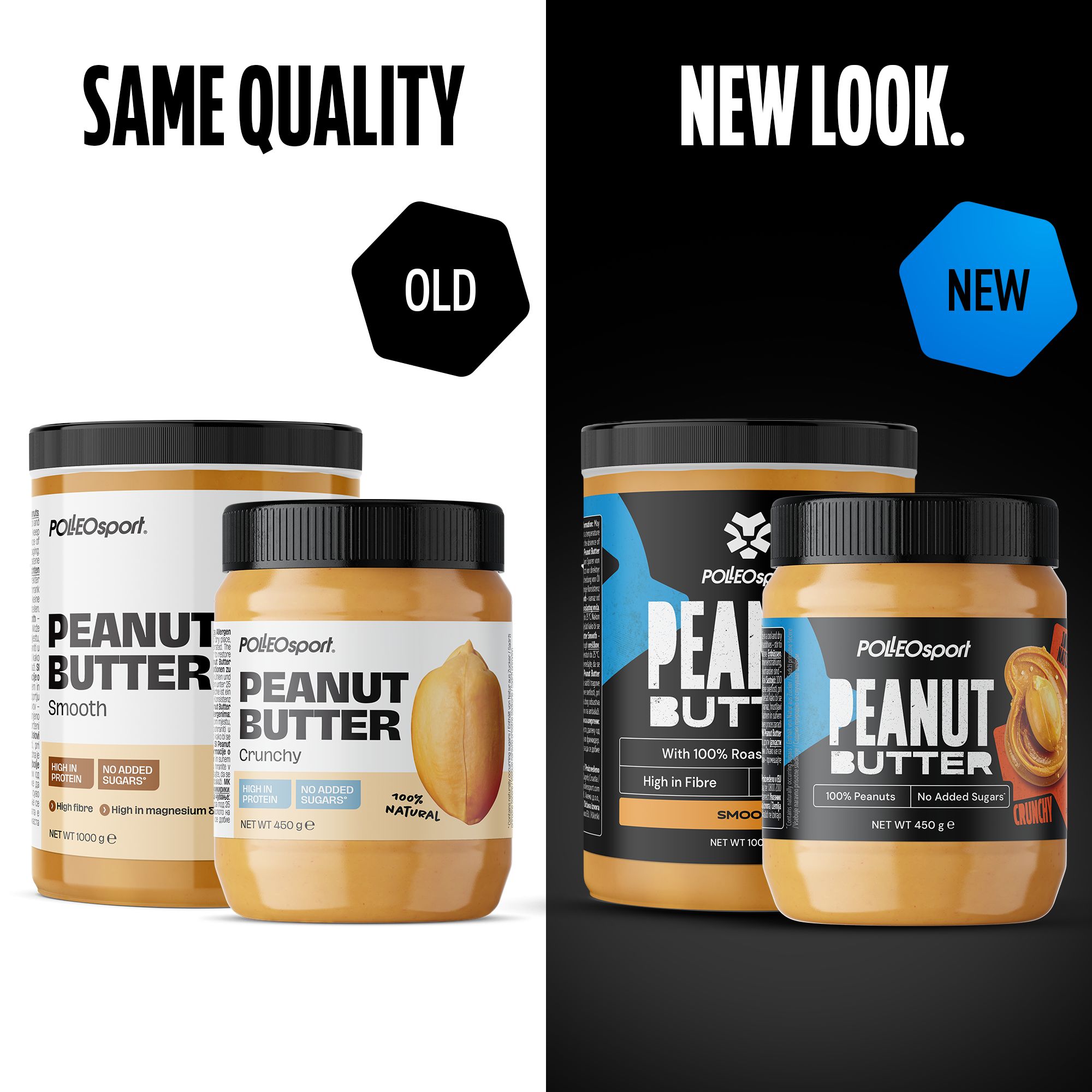 Vergelijking van pindakaaspotten. Links: oud design. Rechts: nieuw design. Opschrift: Polleo Sport Peanut Butter, Smooth en Crunchy.