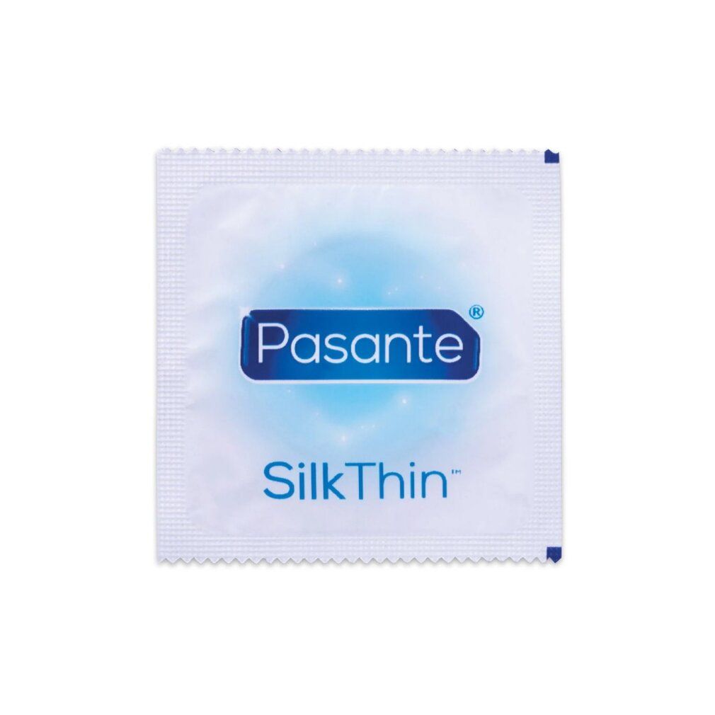 Vierkante verpakking van Pasante Silk Thin condooms. Wit met blauw logo.