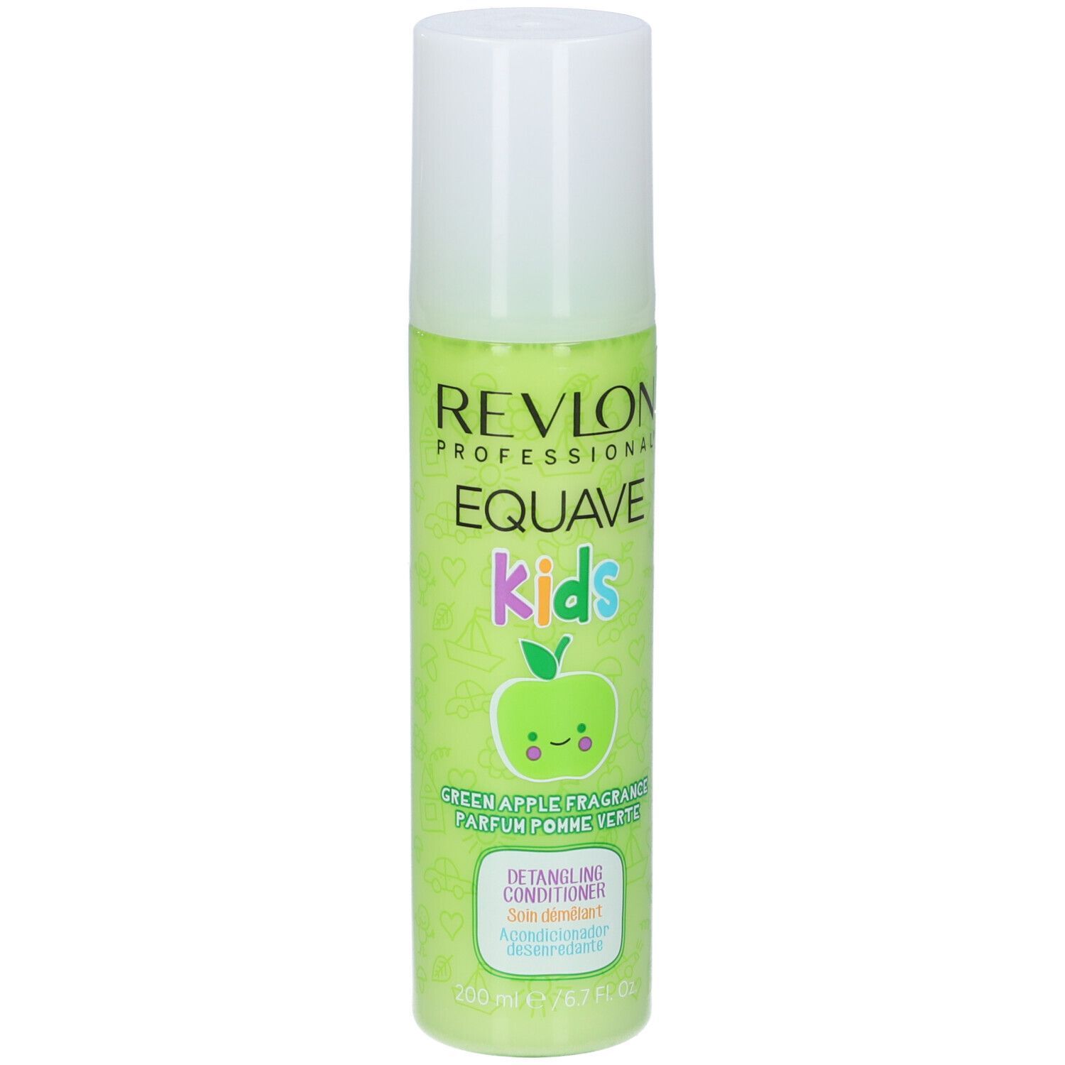 Flacon vert avec bouchon blanc. Texte: Revlon Professional Equave Kids. Démêlant.