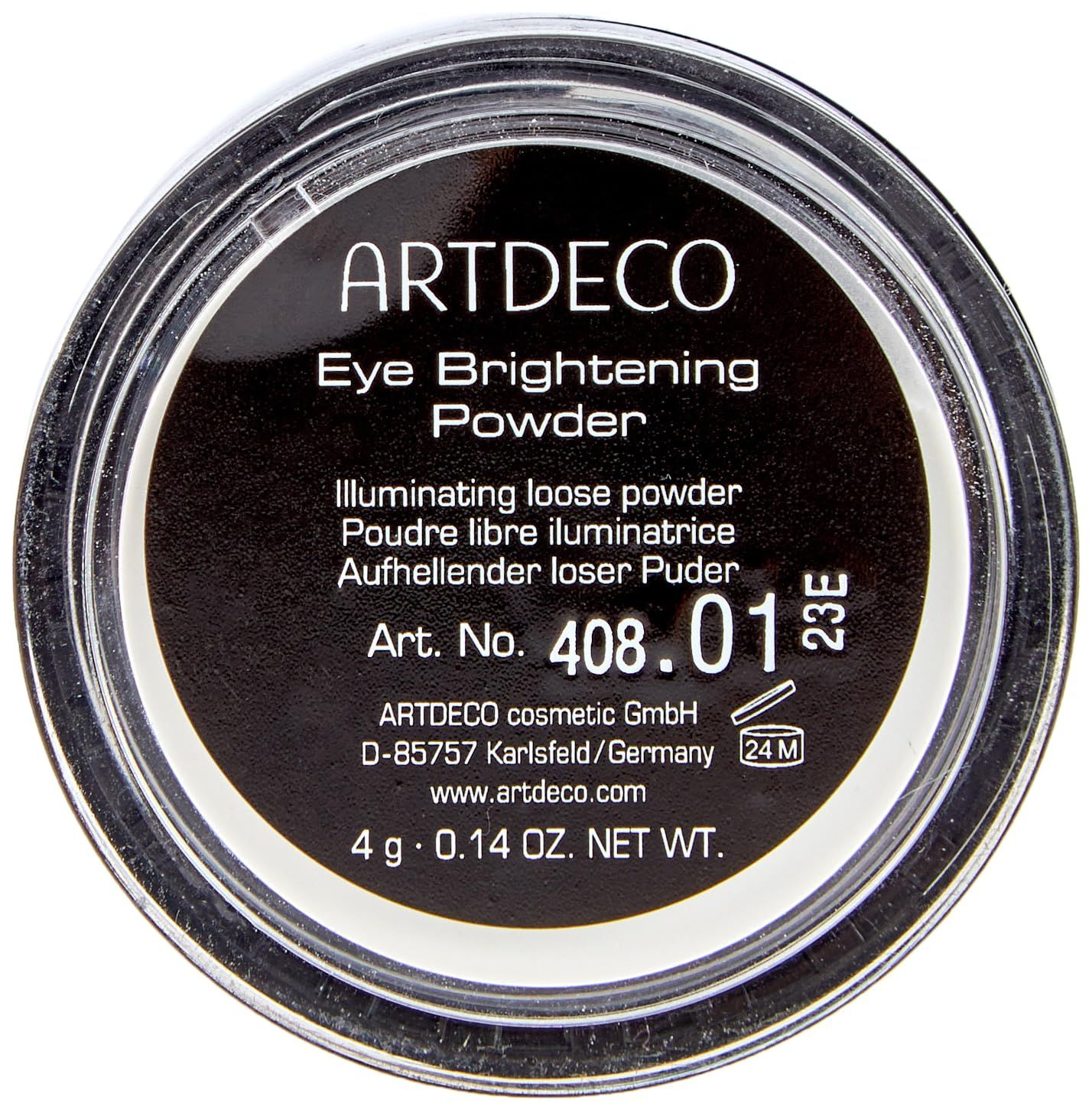 Récipient rond avec couvercle noir. L'étiquette indique : ARTDECO Eye Brightening Powder, Art. No. 408.01, 4 g.