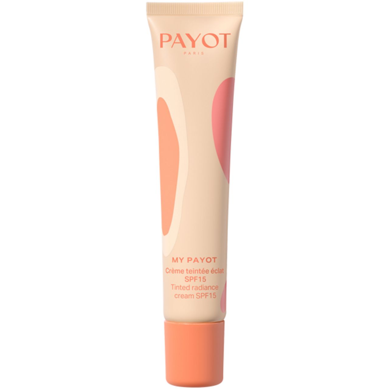 Payot My Payot CC Glow. Tube met getinte crème, SPF15. Beige, roze en oranje elementen. Productnaam en details.