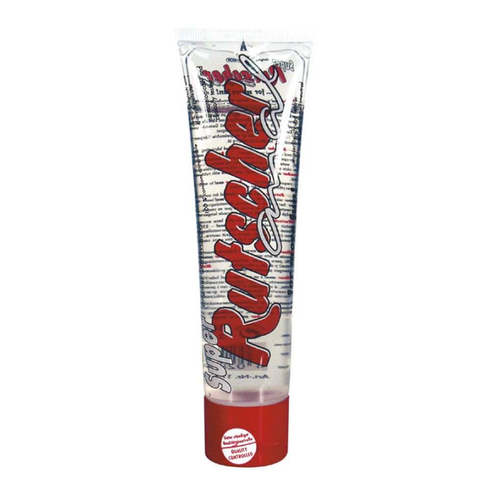 Transparante tube met rode dop. Opschrift: SexMAX, Super Rutscher, rode tekst. Tekst: ...for more fun!
