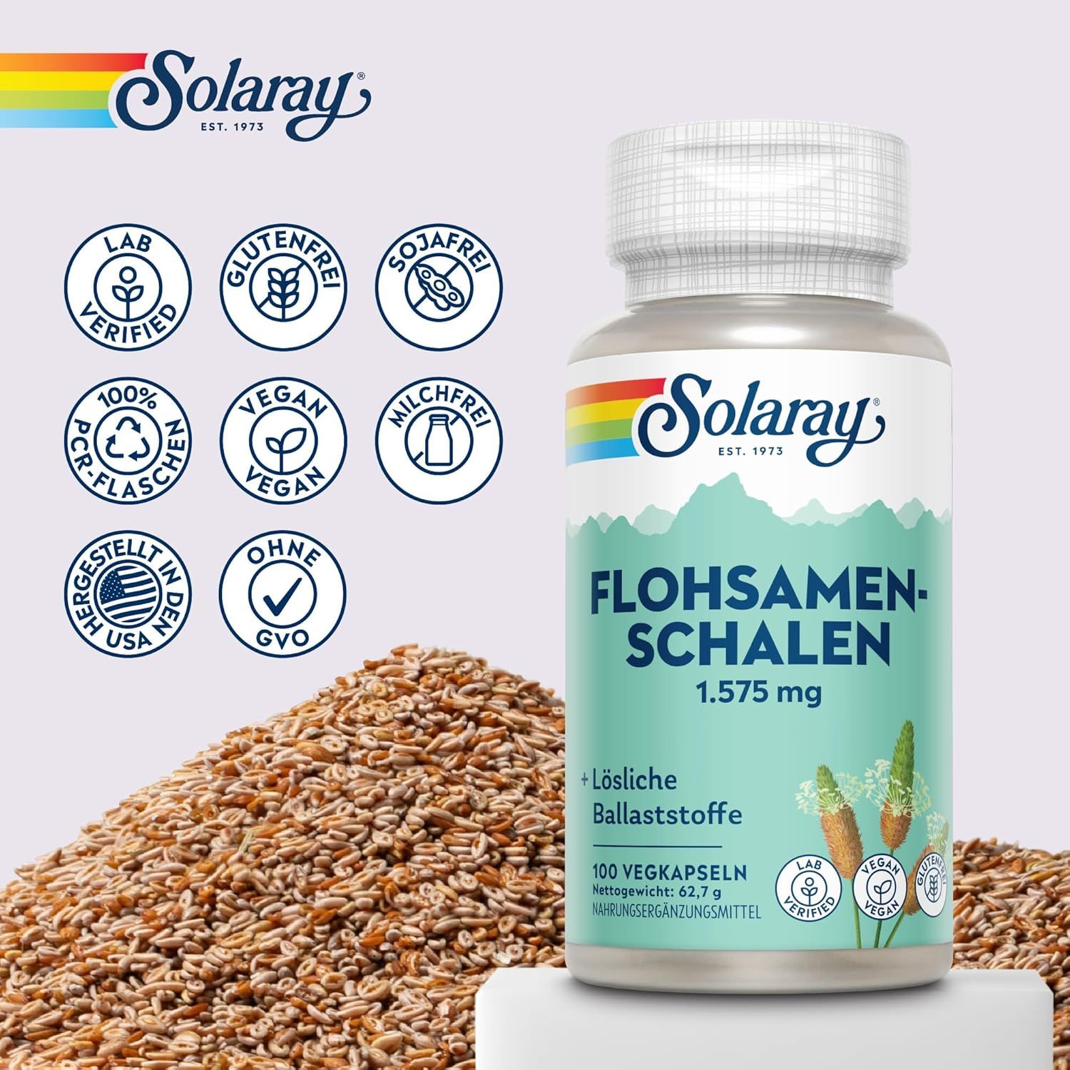 Gélules de psyllium Solaray à côté d'une pile de graines de psyllium. À gauche, certifications : Lab Verified, sans gluten, sans soja, bouteille 100% recyclée, vegan, sans lactose, sans OGM.