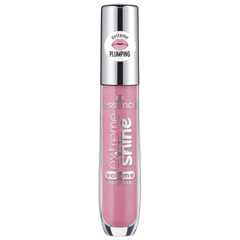 Lipgloss tube met zilveren dop. Roze inhoud, tekst "extreme shine volume lipgloss". Sticker "extreme plumping".
