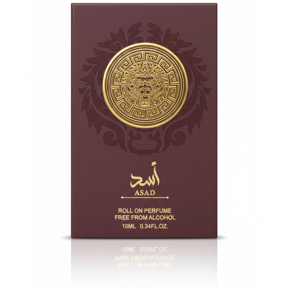 Boîte marron avec médaillon doré. Inscription: ASAD, parfum roll-on, 10ml.