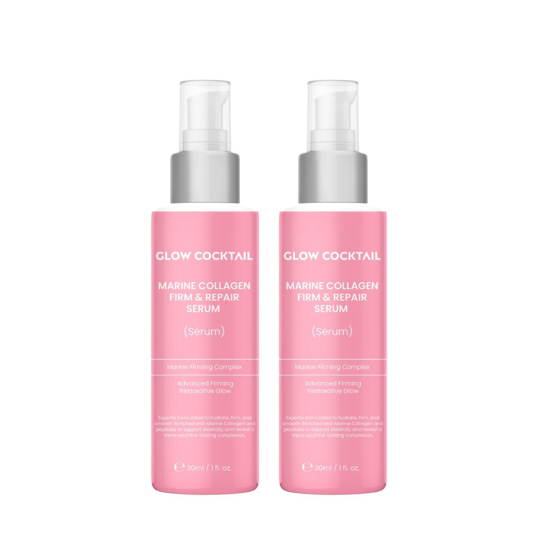 Deux flacons de sérum rose avec pompes argentées. Inscription : Glow Cocktail, Marine Collagen Firm & Repair Serum.
