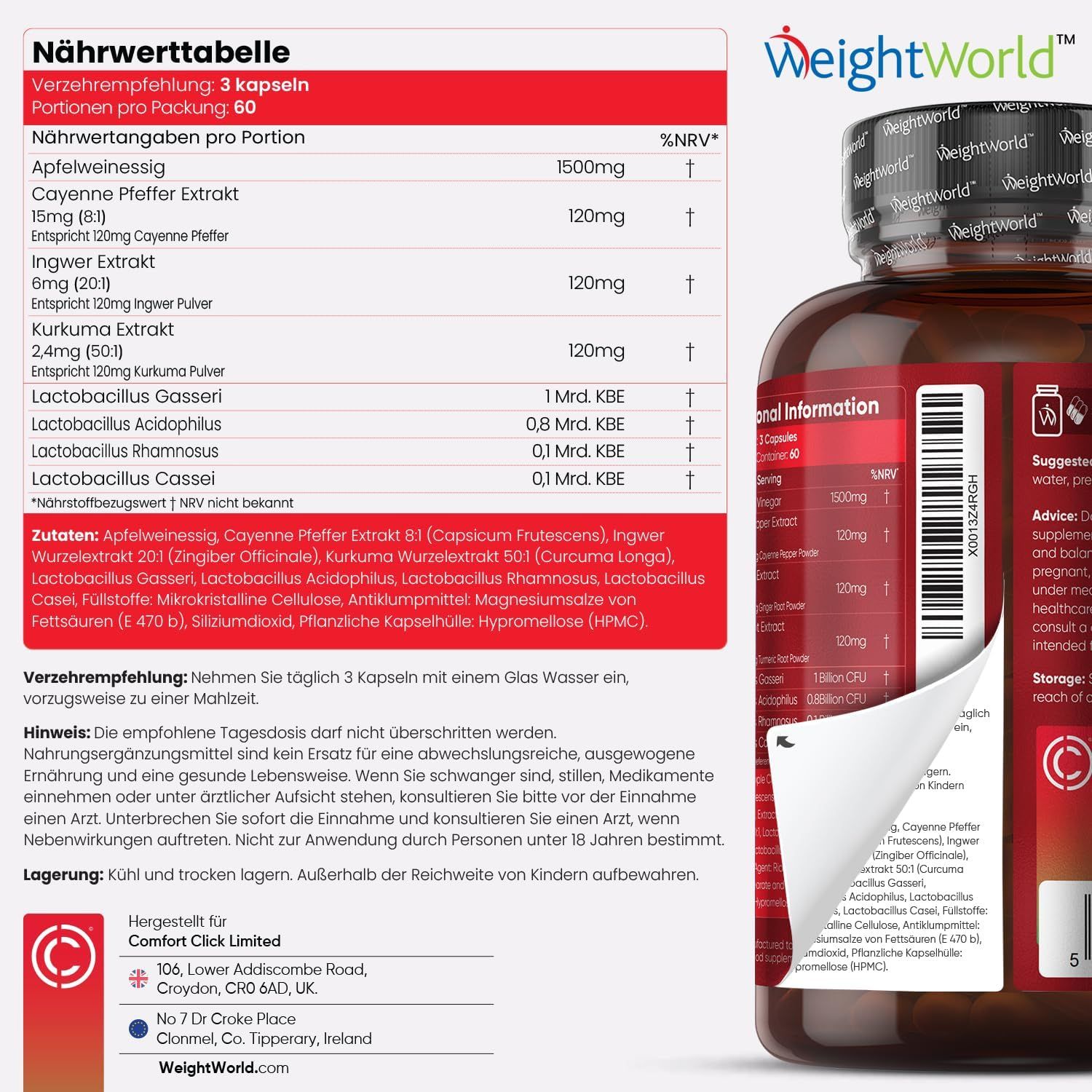 Voedingstabel. Bevat informatie over ingrediënten en voedingswaarden. Fles Apfelessig Komplex.