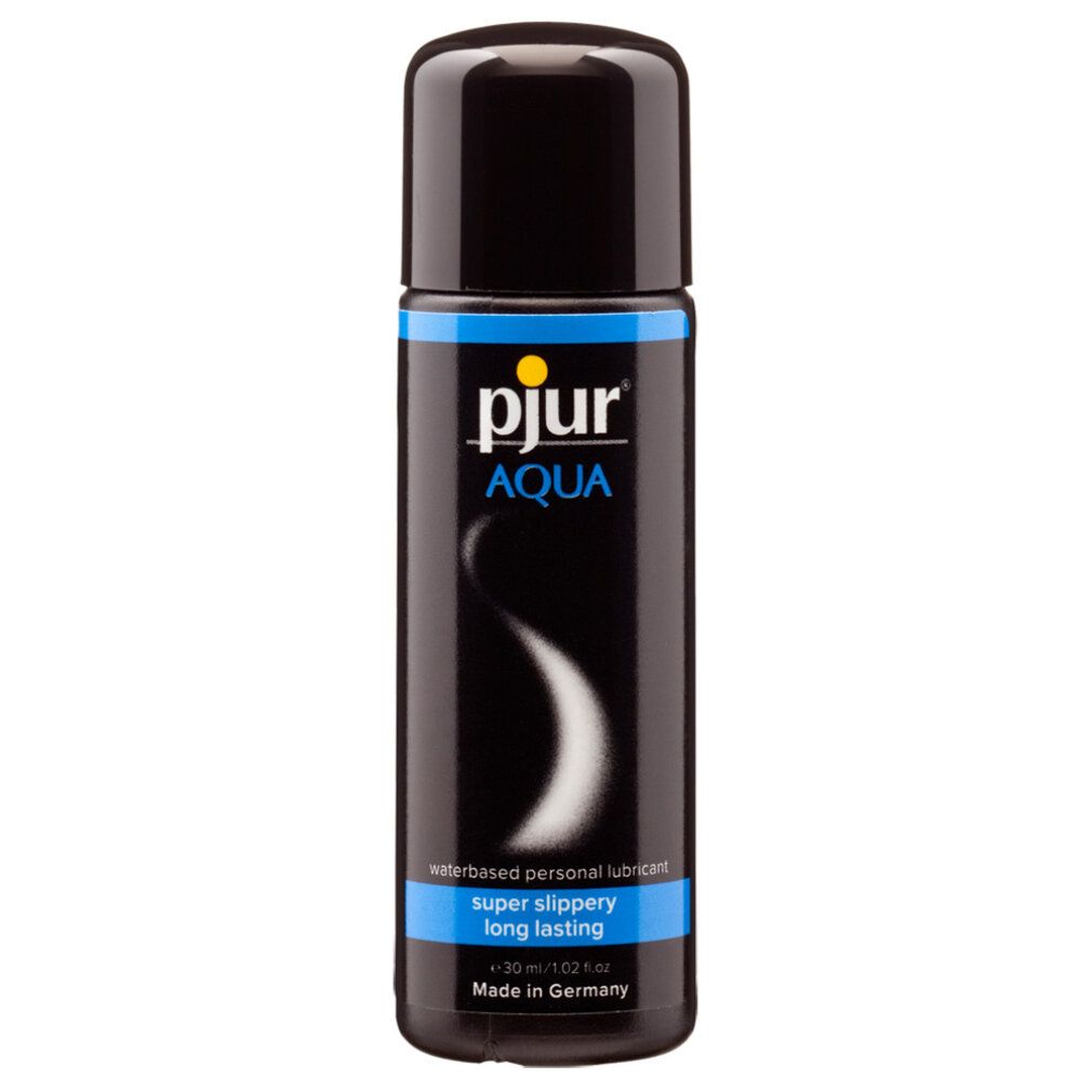 Petit flacon noir avec bouchon noir. Inscription : pjur AQUA, à base d'eau, super glissant, longue durée. 30ml.