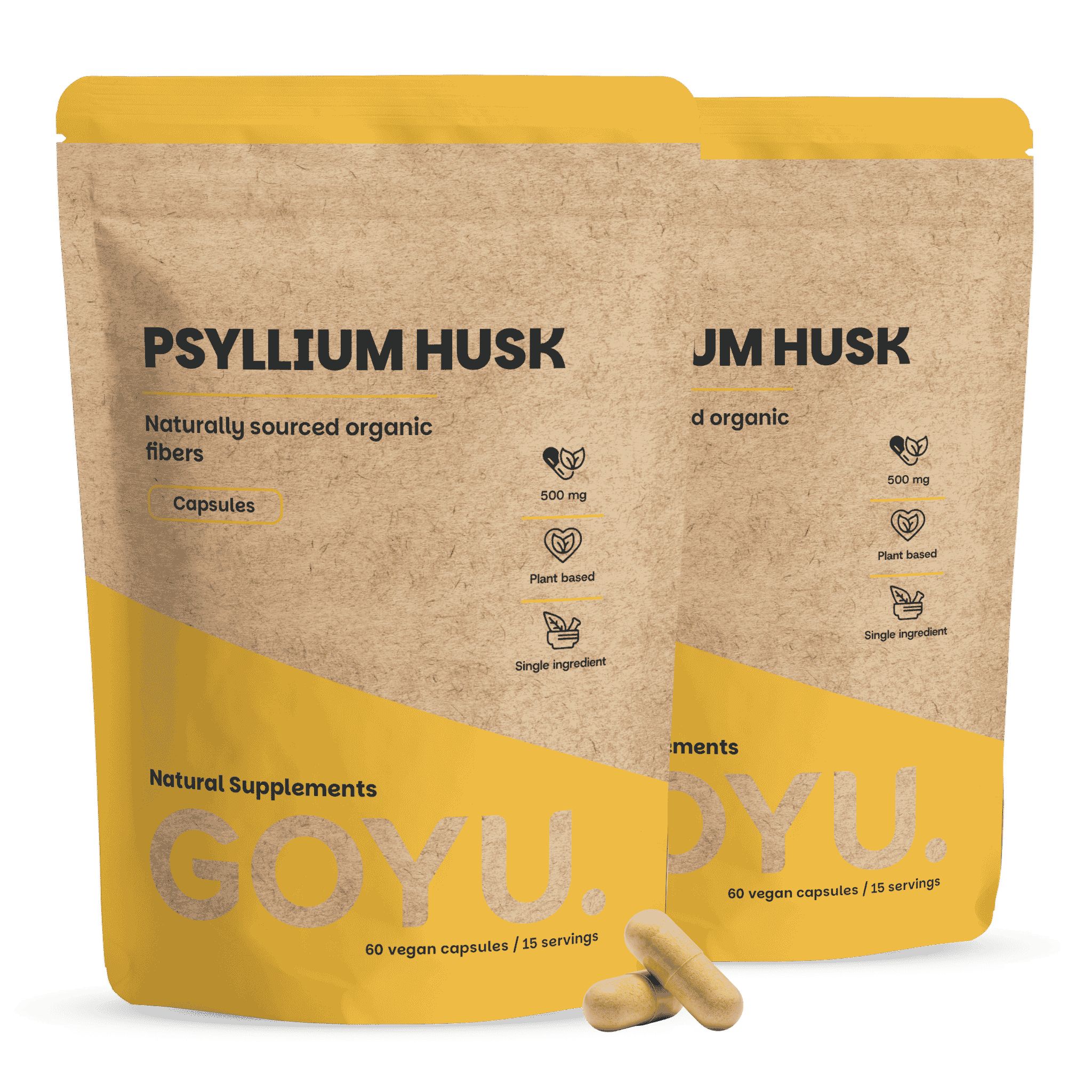 Twee pakken psyllium husks capsules, 500 mg, natuurlijk en biologisch.
