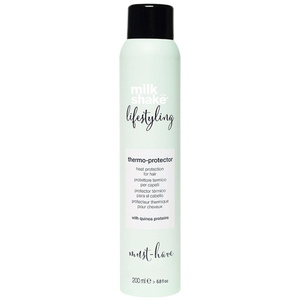 Lichtgroene sprayfles met zwarte dop. Opschrift: milk_shake, lifestyling, thermo-protector. Tekst in meerdere talen. Onder: must-have, 200 ml.