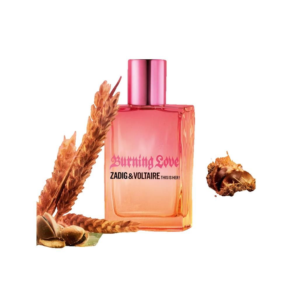 Roze verlopende fles. Opschrift: Burning Love, Zadig & Voltaire, THIS IS HER!. Roze dop. Graanaren.