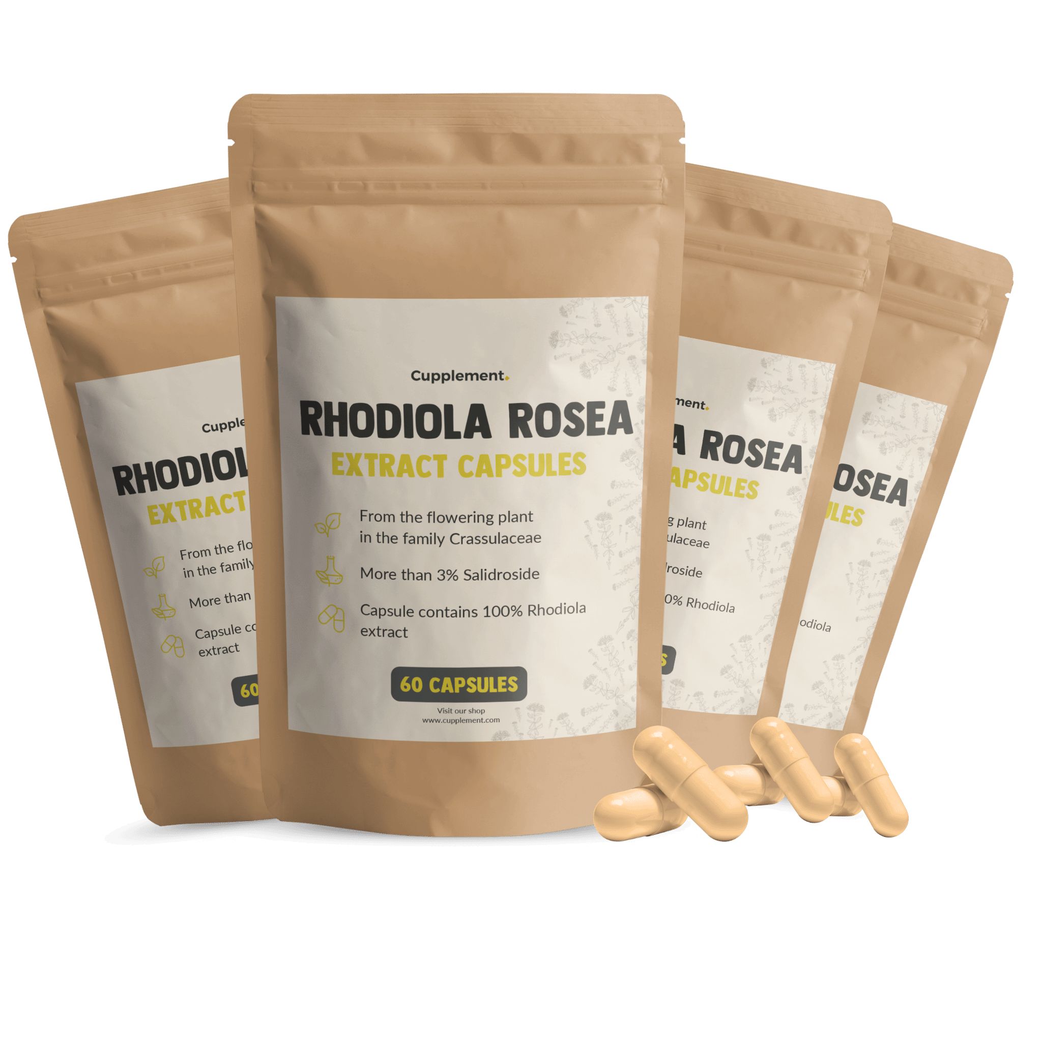 Zakjes met capsules. Opschrift: Cupplement, Rhodiola Rosea Extract Capsules. 60 capsules. Bruine capsules ernaast.