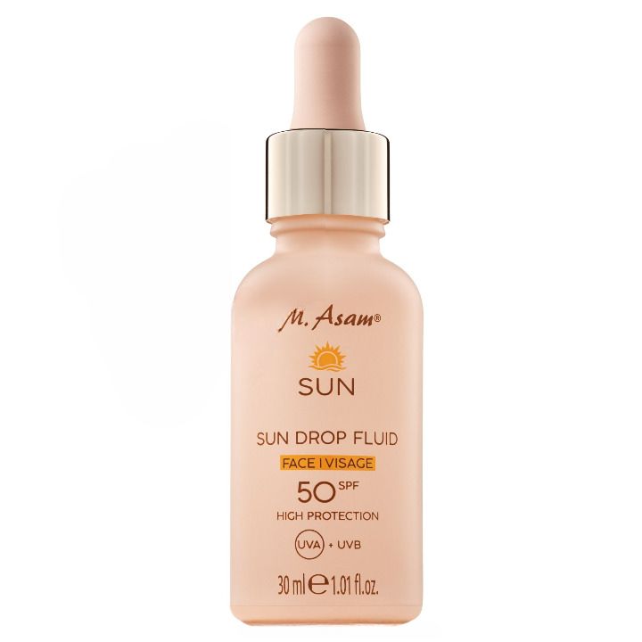 Flesje M. Asam SUN Drop Fluid Zonnebeschermingsserum Gezicht SPF 50. Roze fles met pipet. Tekst: SUN, SPF 50, UVA+UVB.
