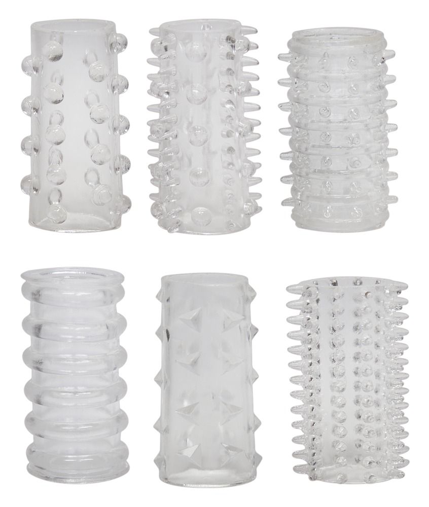 Six manchons péniens transparents avec différentes textures : picots, pointes, rainures.