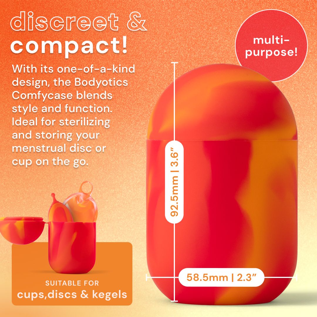 Boîtier de stérilisation rouge et orange pour coupes et disques menstruels, dimensions 92,5mm x 58,5mm.