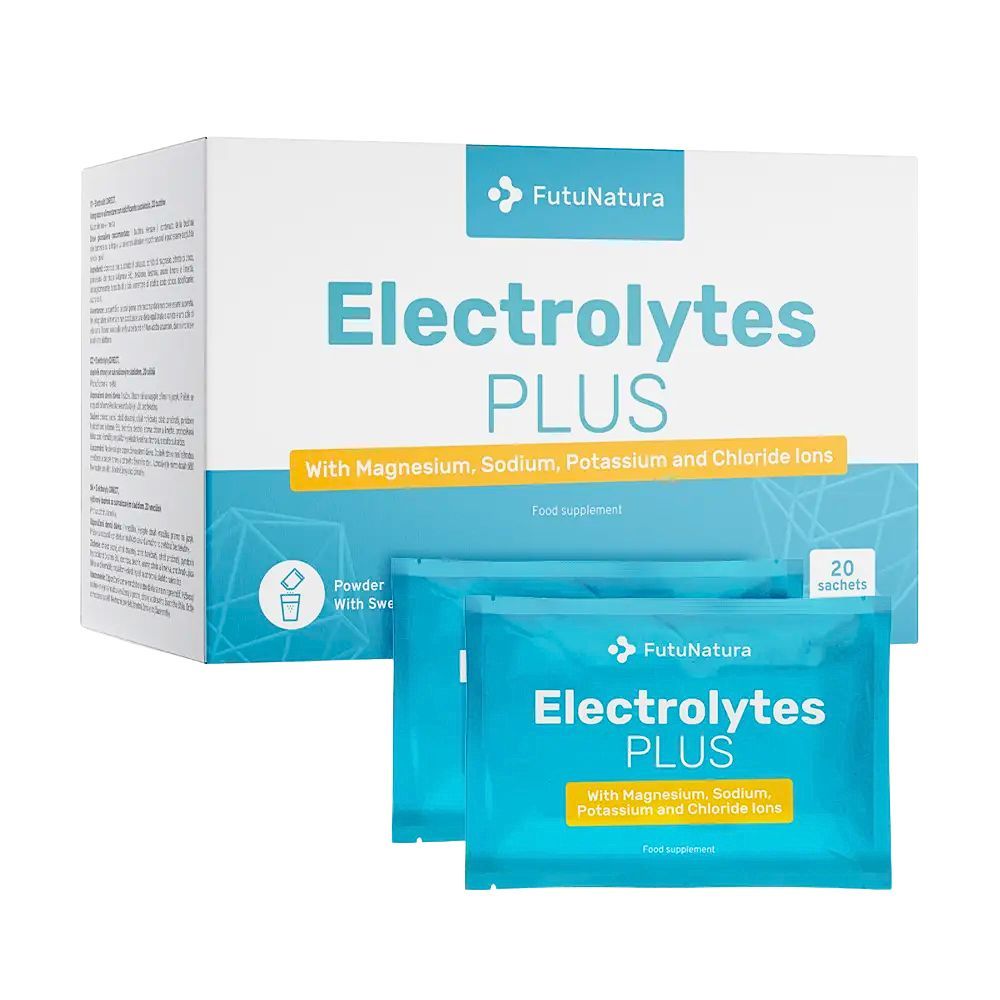 FutuNatura Electrolytes PLUS. Boîte blanche et sachets bleus. Texte: Electrolytes PLUS, avec magnésium, sodium, potassium et ions chlorure.