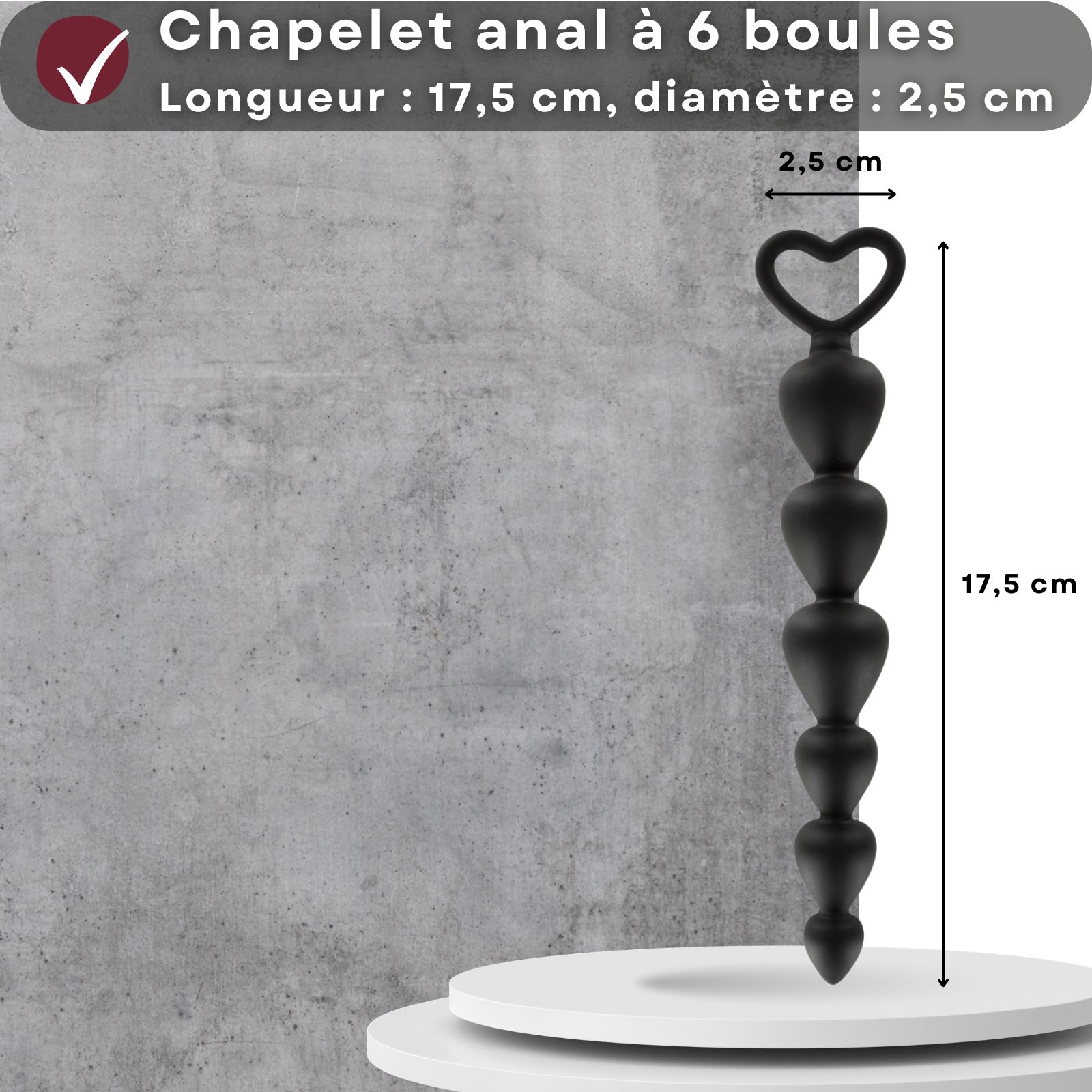 Chapelet anal à 6 boules. Longueur 17,5 cm, diamètre 2,5 cm.