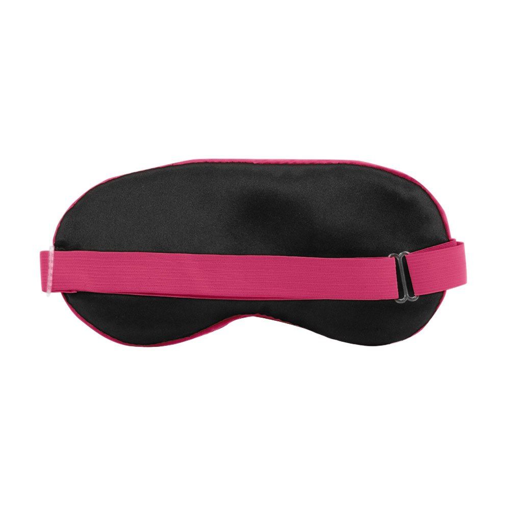 Slaapmasker, zwart en roze. Elastische band. Achteraanzicht.