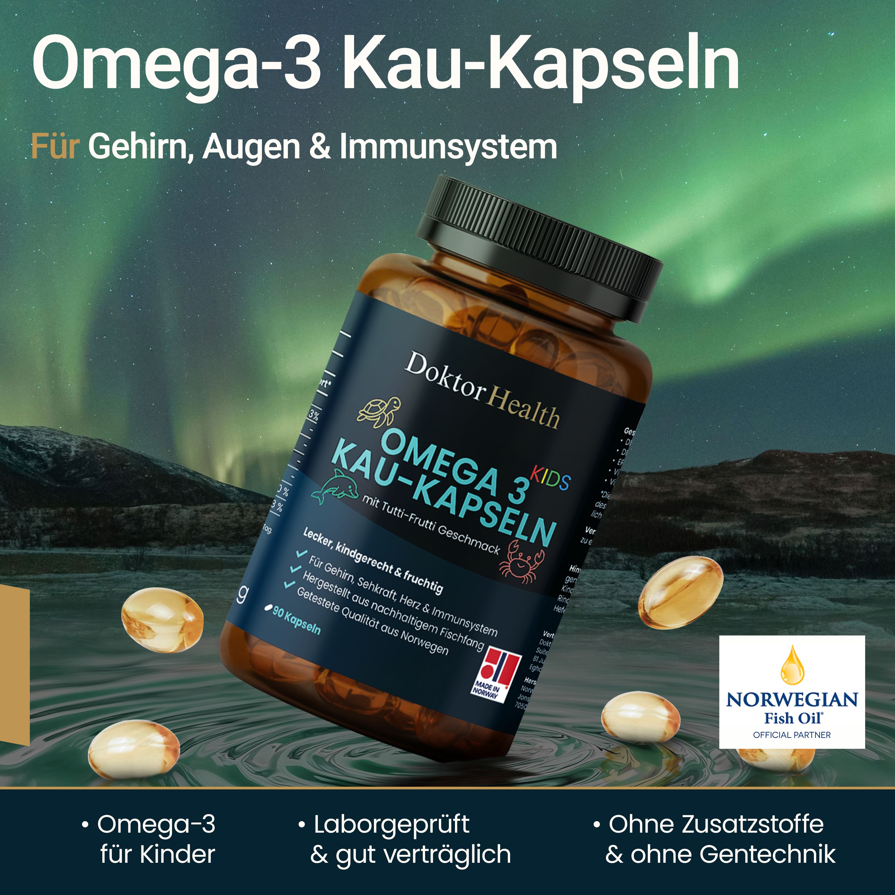 Flacon brun de gélules à mâcher Omega-3. Inscription : Doktor Health, Omega 3 Kids. Gélules éparpillées.