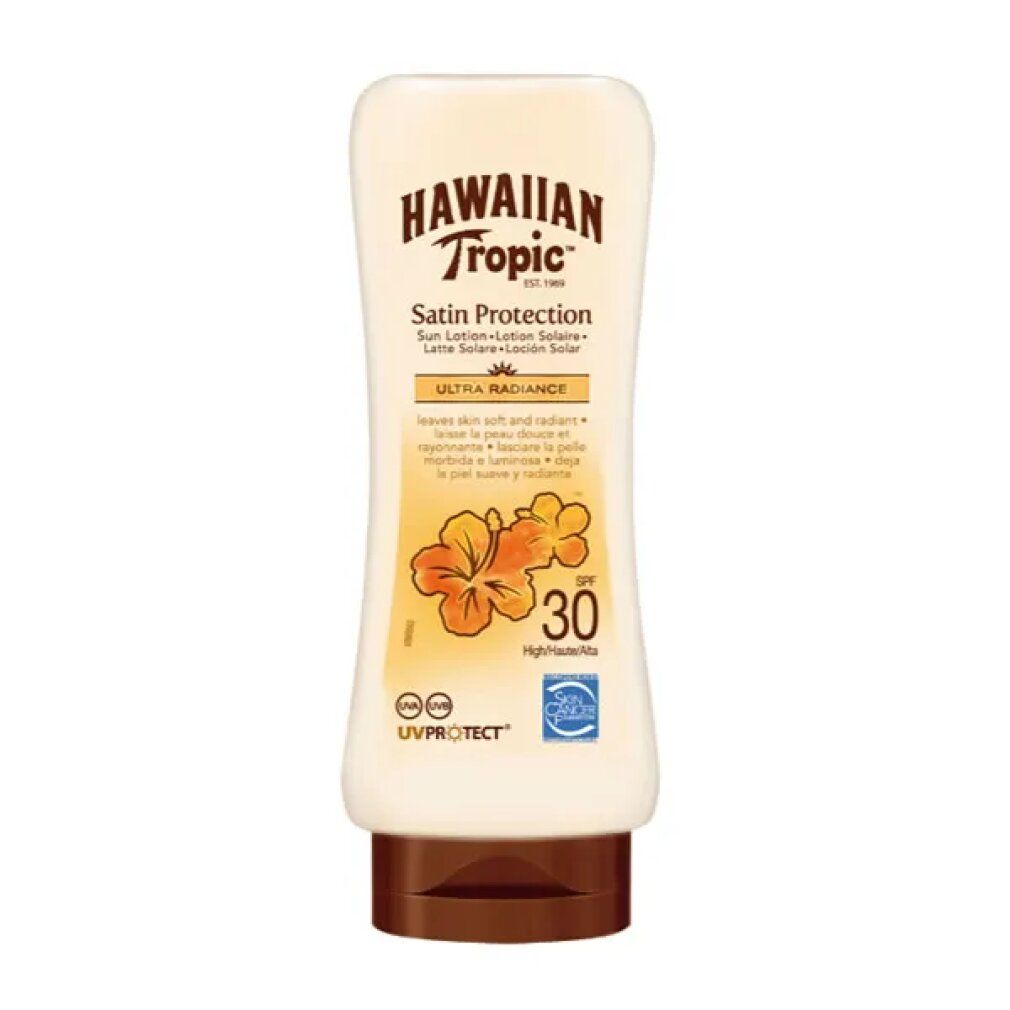 Hawaiian Tropic Satin Protection SPF30. Flacon crème et bouchon marron. Texte et logo sur le devant.