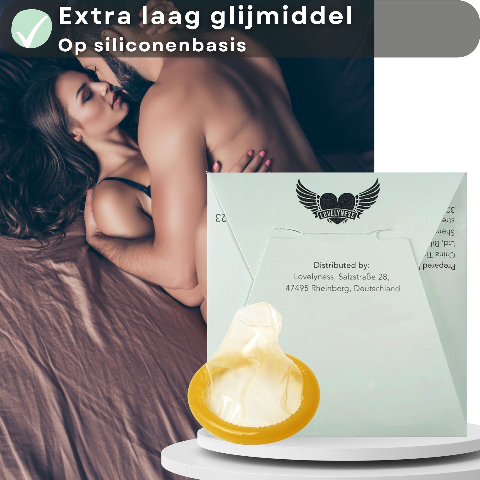 Individueel verpakt condoom. Opschrift: Ribs & Dots. Logo: gevleugeld hart. Tekst: Individueel verpakt.