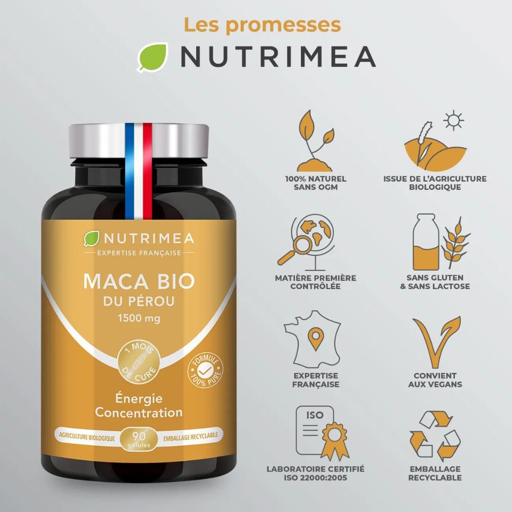 Flacon brun de gélules. Texte : MACA BIO DU PÉROU, 1500 mg, 90 gélules. Icônes : Énergie, Concentration.