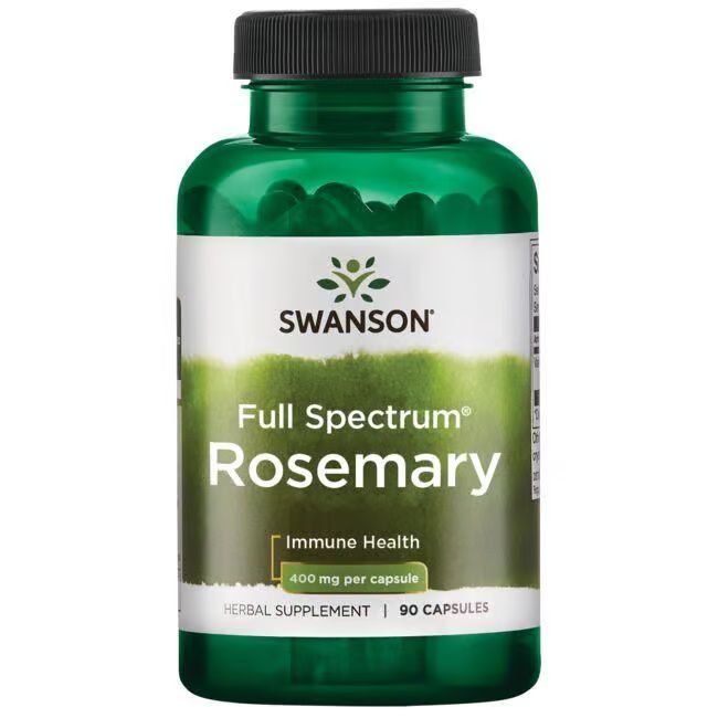 Groene fles met zwarte dop. Opschrift: SWANSON, Full Spectrum Rosemary, 400 mg per capsule, 90 capsules.