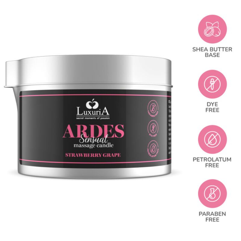 Boîte argentée avec étiquette noire. Inscription: ARDES Sensual massage candle, Fraise-Raisin. Symboles roses.