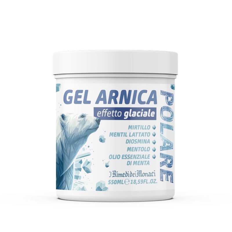 Witte pot met blauw etiket. Opschrift: GEL ARNICA, effetto glaciale. Illustratie van een ijsbeer. Tekst: Mirtillo, Mentil Lattato, Diosmina, Mentolo, Olio Essenziale di Menta.