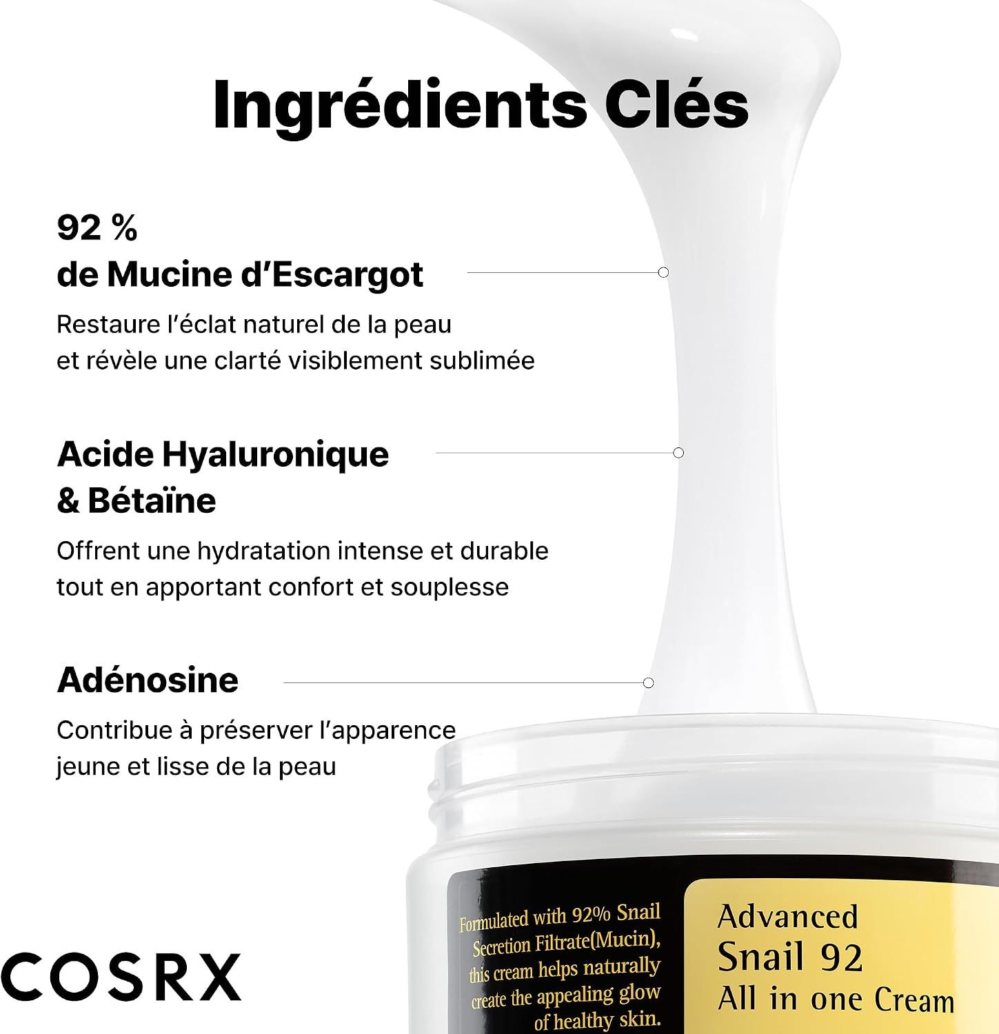 Ingrédients clés de la crème d'escargot COSRX : mucine d'escargot, acide hyaluronique, adénosine.
