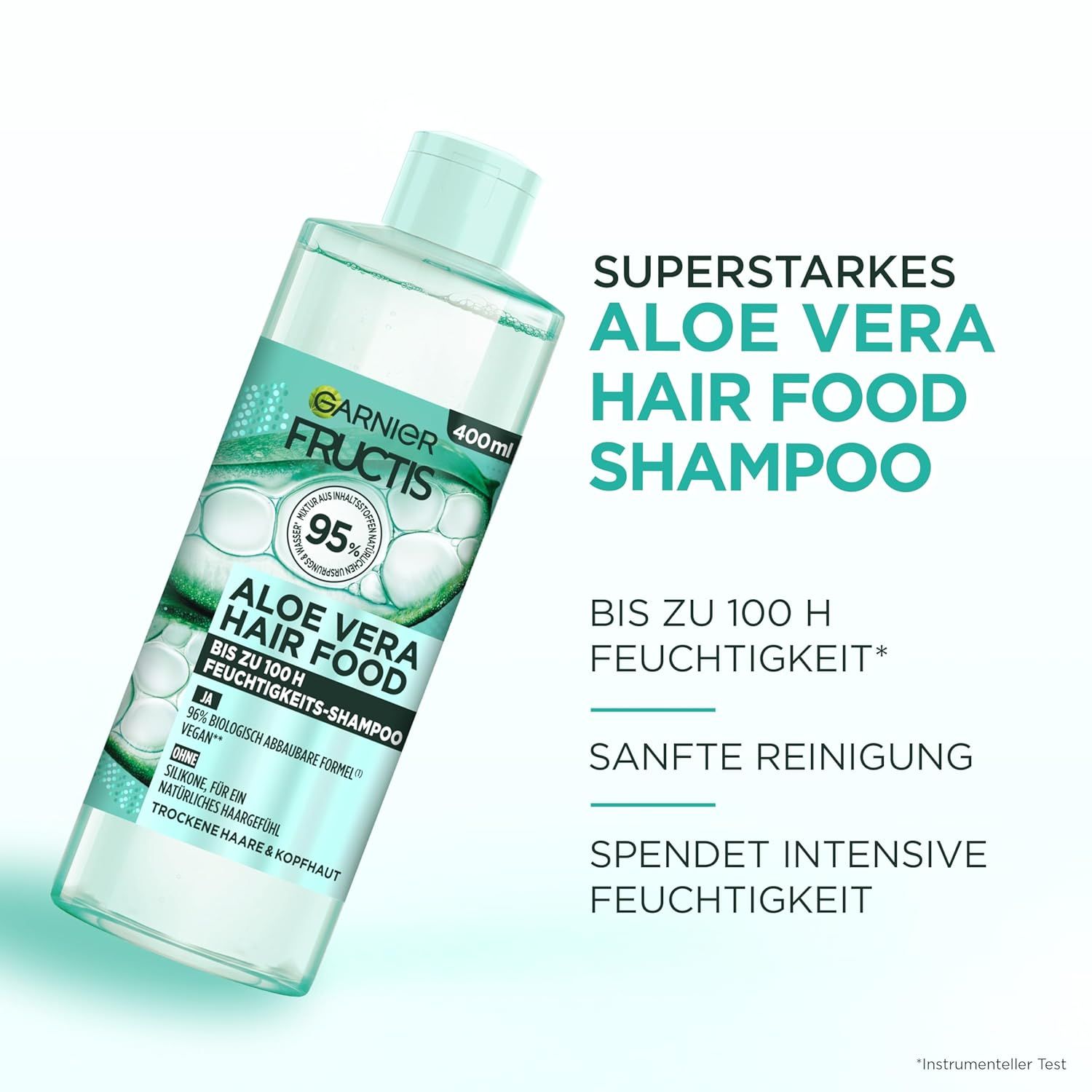 Garnier Fructis Aloe Vera Hair Food Shampoo, fles van 400ml. Groen-wit etiket met productinfo. 95% ingrediënten van natuurlijke oorsprong.