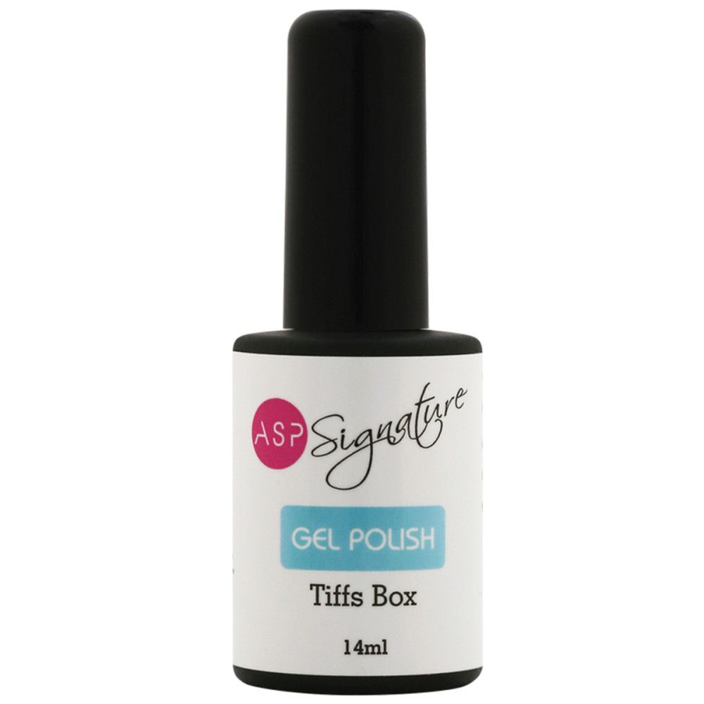 Flacon de vernis à ongles avec bouchon noir. Étiquette 'ASP Signature Gel Polish'.