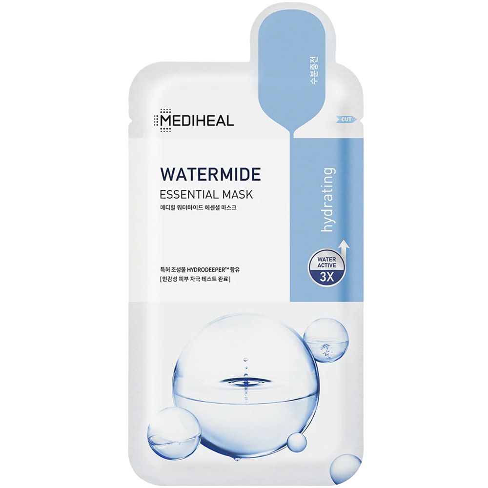 Emballage de masque facial blanc et bleu. Texte: MEDIHEAL WATERMIDE ESSENTIAL MASK. Hydratant. Water Active 3X.