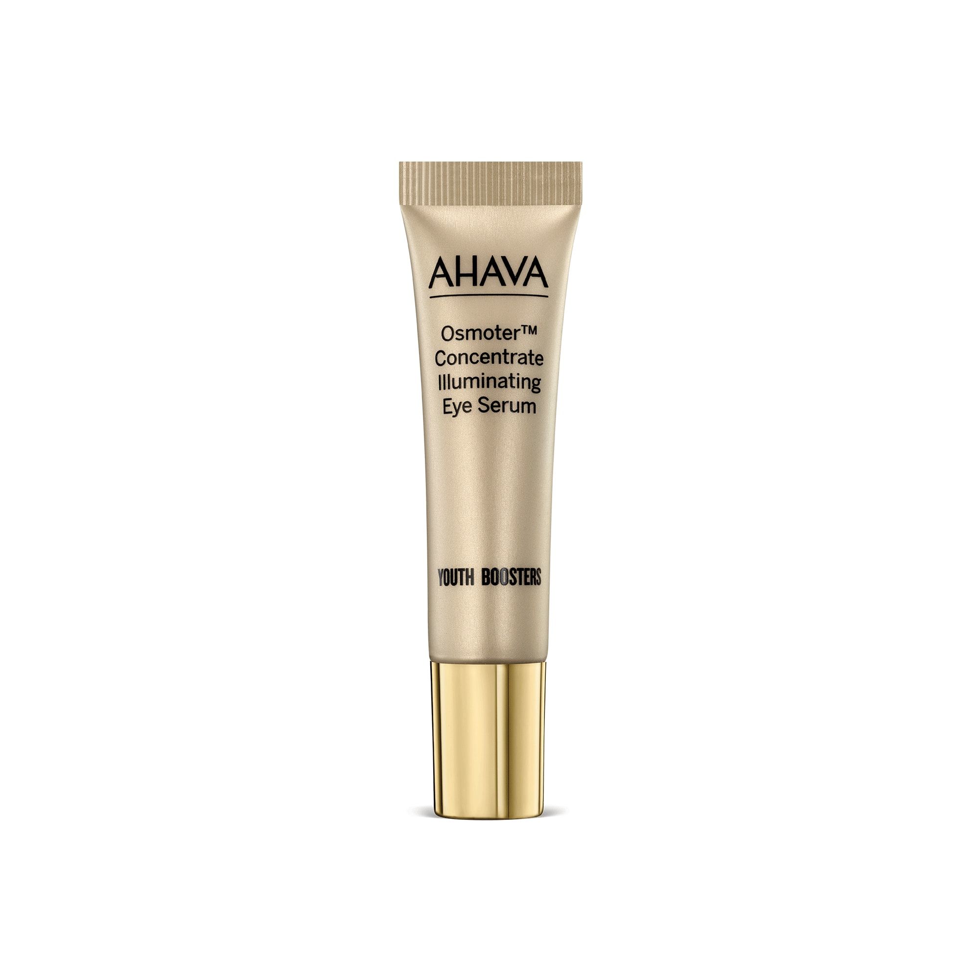 AHAVA Osmoter™ Concentrate Illuminating Eye Serum in een gouden tube met gouden dop.