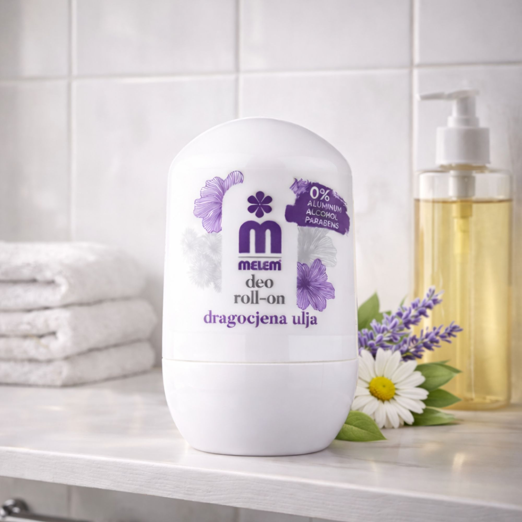 Roll-on blanc avec fleurs violettes et texte. Lavande, camomille et flacon d'huile à côté. Inscription: Melem Deo Roll-On.