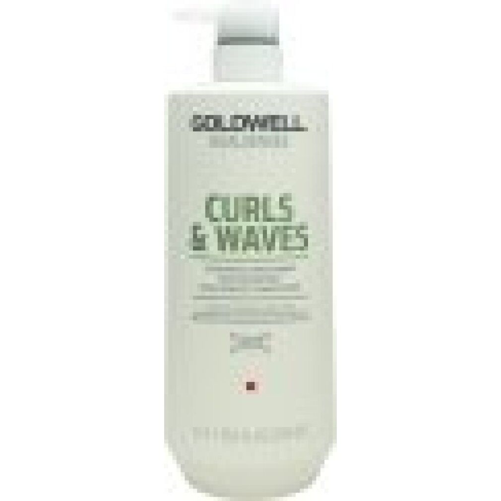 Witte fles met pomp. Opschrift: Goldwell Dualsenses Curls & Waves Conditioner. 1L.