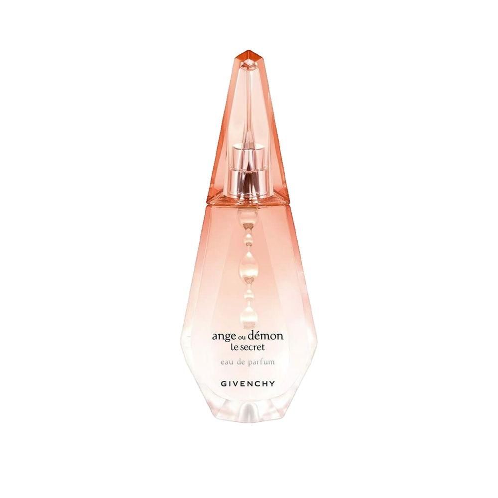 Parfumflesje, roze kleurverloop, druppelvormig. Opschrift: Ange ou Démon le secret, eau de parfum, Givenchy.