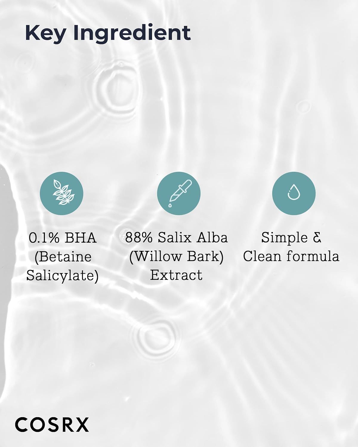 Trois cercles avec texte. 0,1% BHA, 88% Salix Alba Extract, Simple & Clean formula. Marque COSRX.