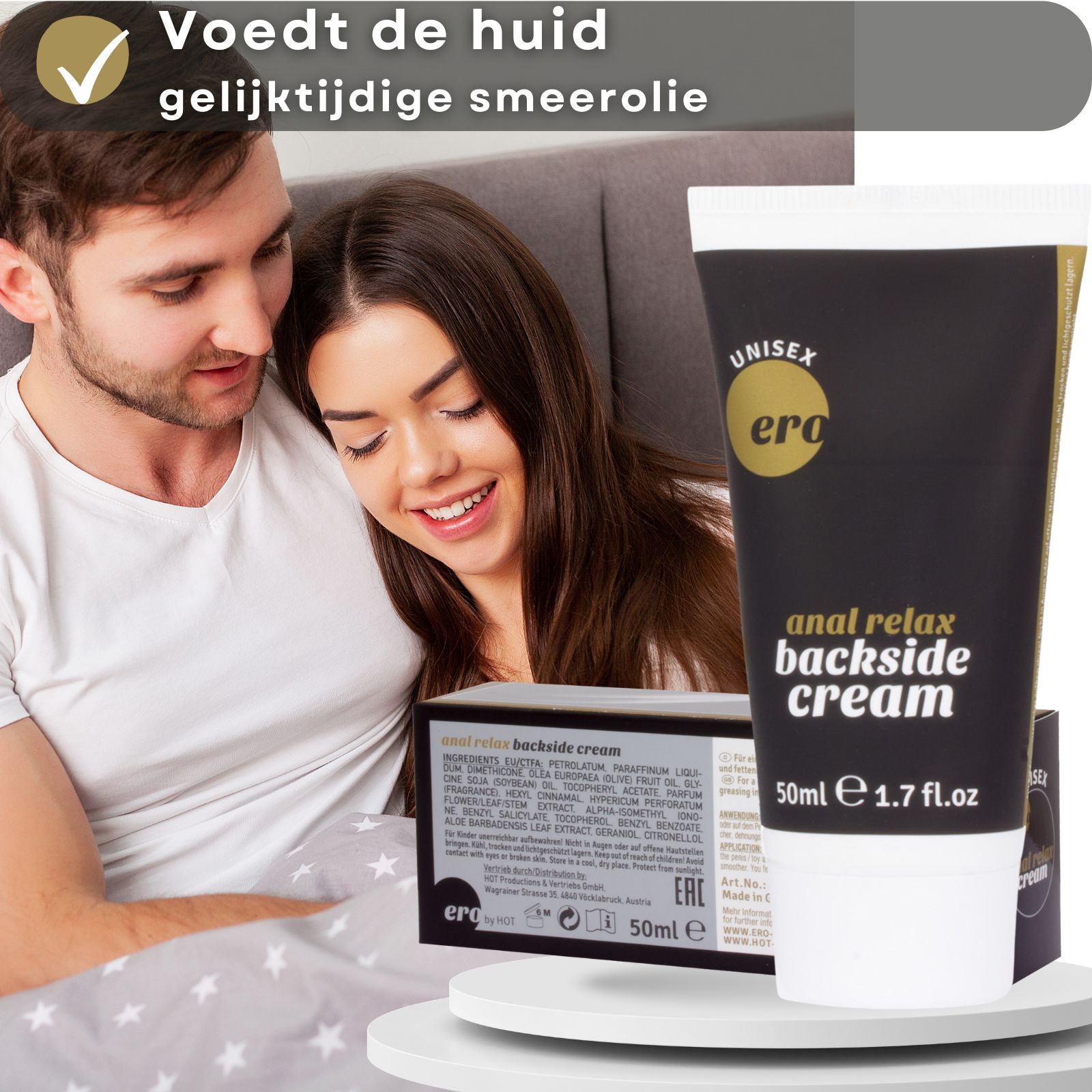 Crèmetube. Opschrift: "Ero", "Anal relax backside cream". 50ml. Koppel in bed.