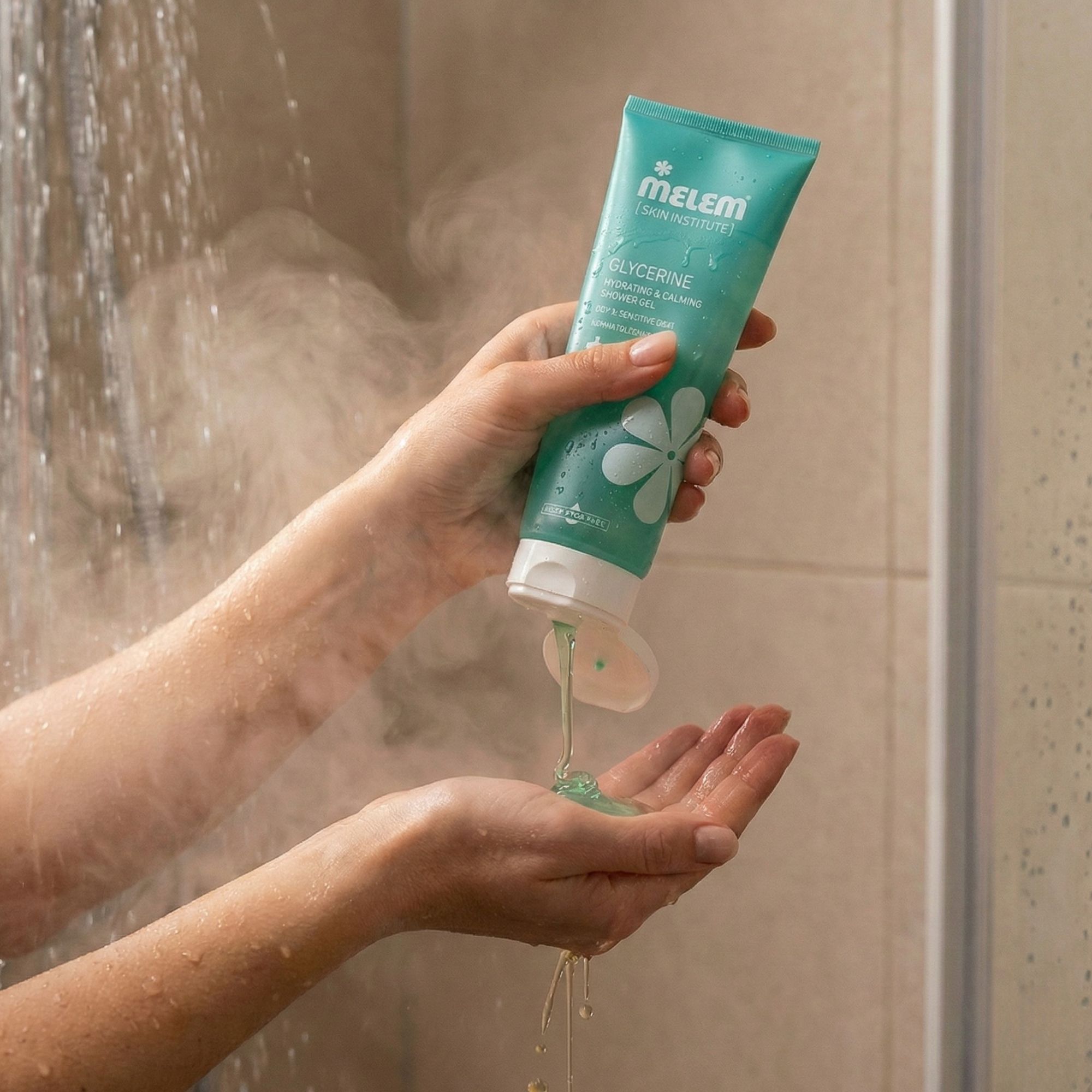 Mains tenant un tube turquoise avec bouchon blanc. Inscription : Melem, Glycerine, Hydrating & Calming Shower Gel. Gel est pressé.